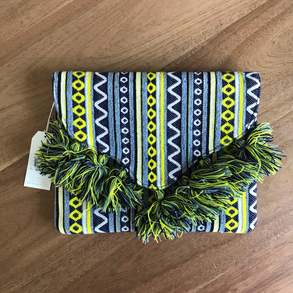 Mud Pie Blue Green Aztec Print Tassel Clutch